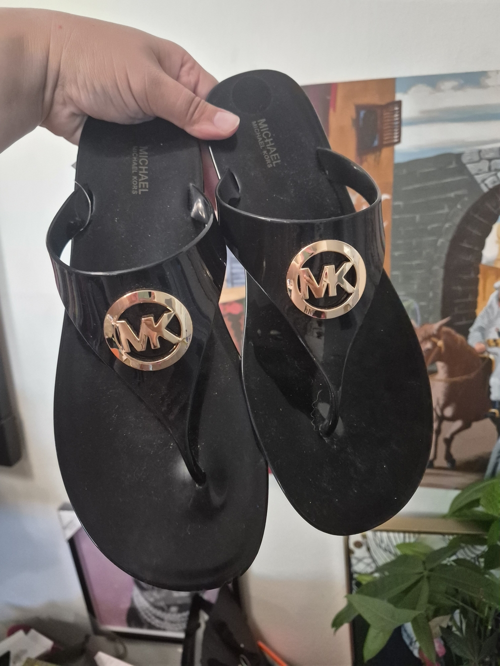 Michael Kors Glossy Black PVC Thong Sandals with Logo Accent Sz11 New